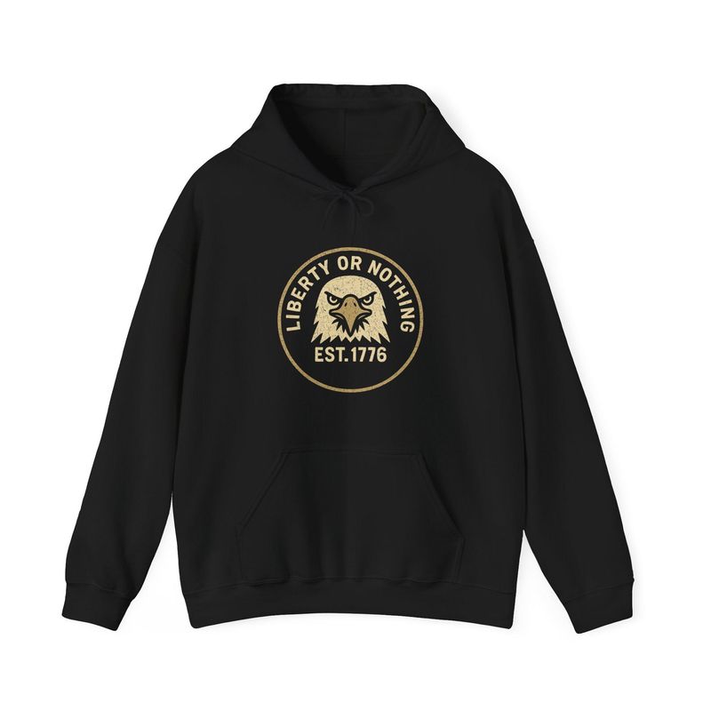 Liberty Eagle Emblem hoodie by BySable: a dark pullover printed with a distressed American flag eagle graphic.