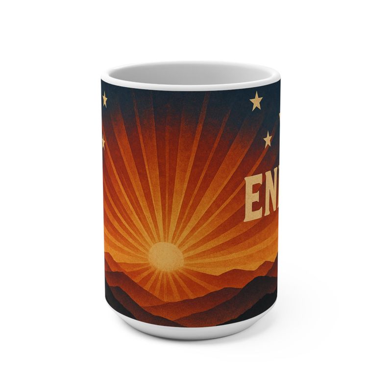 Patriotic Mountain Sunrise coffee mug by BySable, printed with a mountain range, American flag, and the words We Rise We Endure.