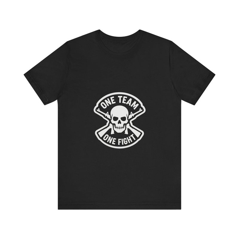One Team One Fight skull T-shirt by BySable, a monochrome patch-style graphic tee.