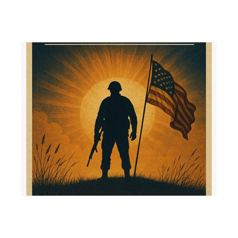 Patriotic soldier silhouette wall poster by BySable: a vintage-style print of a soldier and American flag against an orange sunrise.
