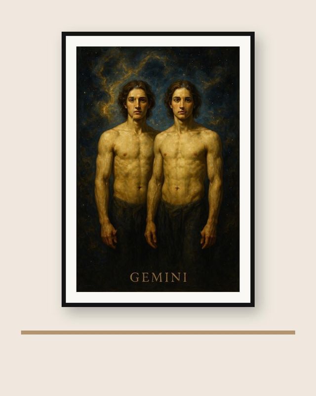 Gemini zodiac wall art: a celestial Gemini constellation print with star map lines and gold detailing.