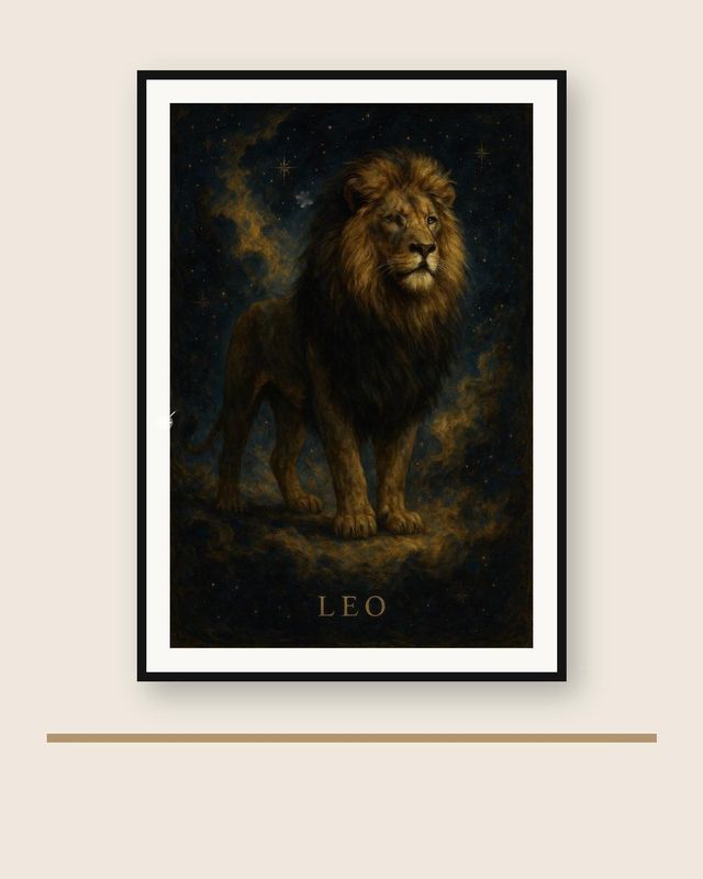 Leo zodiac wall art: a celestial Leo constellation print with star map lines and gold detailing.