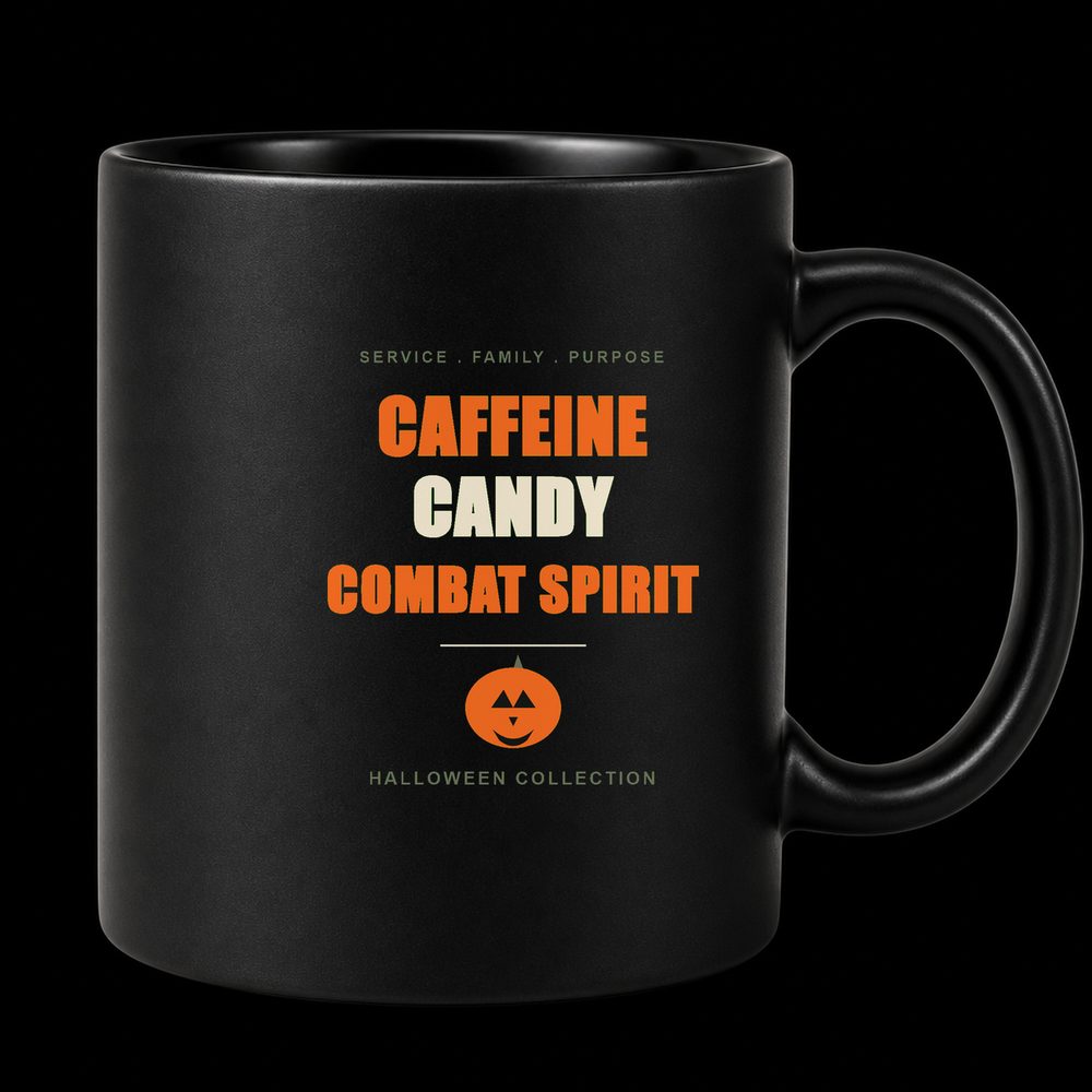 Caffeine, Candy & Combat Spirit mug by BySable: a matte black mug printed with the words Caffeine, Candy, Combat Spirit and a small jack-o-lantern.
