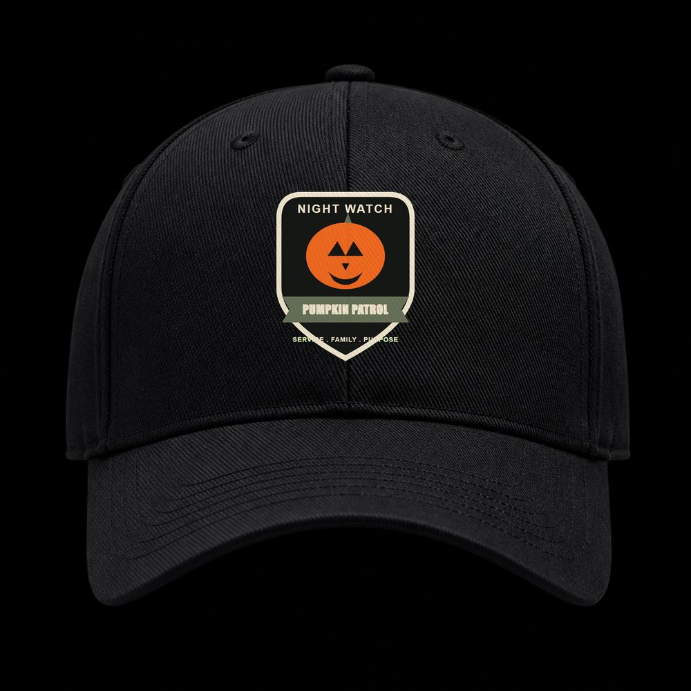 Pumpkin Patrol cap by BySable: a black structured cap with a shield patch reading Night Watch above a jack-o-lantern and a Pumpkin Patrol banner.