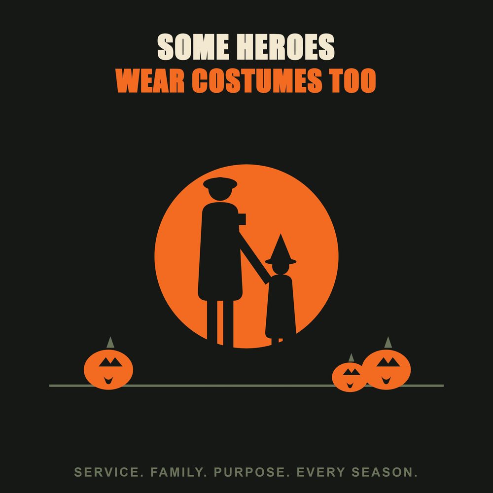 Some Heroes Wear Costumes Too poster by BySable: a dark print reading Some Heroes Wear Costumes Too above a service member and a child in a witch hat walking hand in hand.